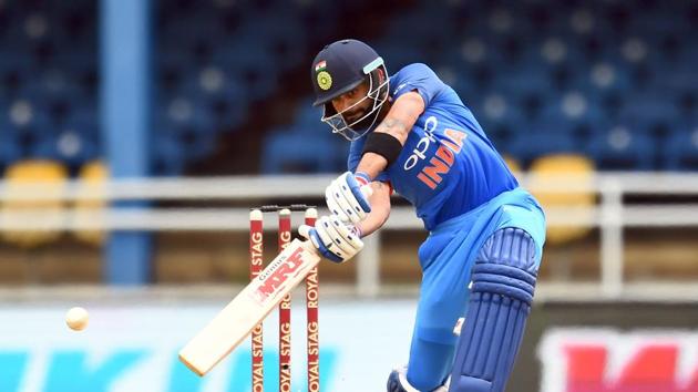 Virat Kohli, the Indian skipper, took the attack to the West Indies bowlers as he blasted 87 off 66 balls. (AFP) Virat Kohli, the Indian skipper, took the attack to the West Indies bowlers as he blasted 87 off 66 balls. (AFP)