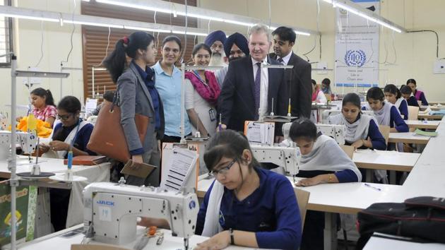 Andrew Ayre, British deputy high commissioner, interacting with the students and management staff of Multi Skill Development Centre in Ludhiana in May. The World Bank approved a $250 million loan amount towards Skill India Mission Operation.(HT file photo) Andrew Ayre, British deputy high commissioner, interacting with the students and management staff of Multi Skill Development Centre in Ludhiana in May. The World Bank approved a $250 million loan amount towards Skill India Mission Operation.(HT file photo)