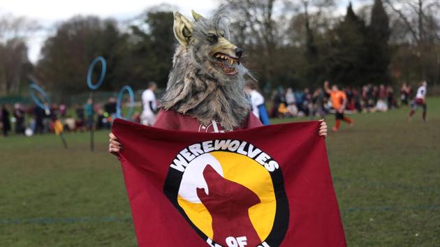 A supporter in a werewolf costume watches teams take part in the Harry Potter inspired, Quidditch British Cup in Rugeley, Britain. (Neil Hall/Reuters)