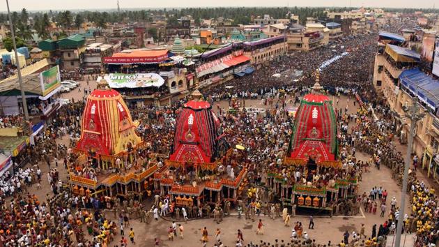 The three chariots outside the gates of the Gundicha Temple in Puri, Odisha. (Arabinda Mahapatra/HT Photo) The three chariots outside the gates of the Gundicha Temple in Puri, Odisha. (Arabinda Mahapatra/HT Photo)