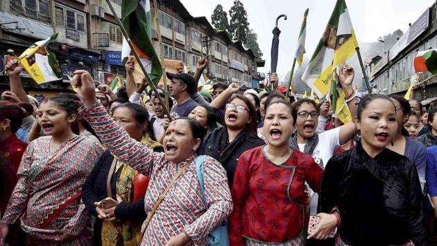 Protesters in Darjeeling raised slogans in support of the demand for Gorkhaland over the weekend. (PTI) Protesters in Darjeeling raised slogans in support of the demand for Gorkhaland over the weekend. (PTI)