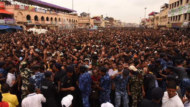A huge crowd throngs Bada Danda street in Puri to witness the ceremonial procession during the Rath Yatra festival. (Arabinda Mahapatra/HT Photo) A huge crowd throngs Bada Danda street in Puri to witness the ceremonial procession during the Rath Yatra festival. (Arabinda Mahapatra/HT Photo)