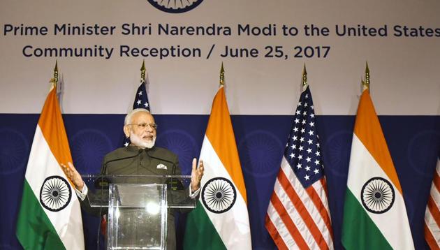 Prime Minister Narendra Modi attending a reception in Washington DC to meet members of the Indian community in the US on Sunday. (AFP) Prime Minister Narendra Modi attending a reception in Washington DC to meet members of the Indian community in the US on Sunday. (AFP)