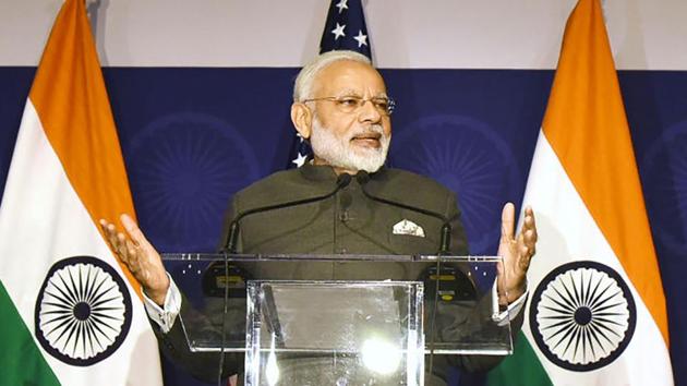 A PIB handout photo shows Prime Minister Narendra Modi addressing members of the Indian community in Washington DC on Sunday. (AFP) A PIB handout photo shows Prime Minister Narendra Modi addressing members of the Indian community in Washington DC on Sunday. (AFP)
