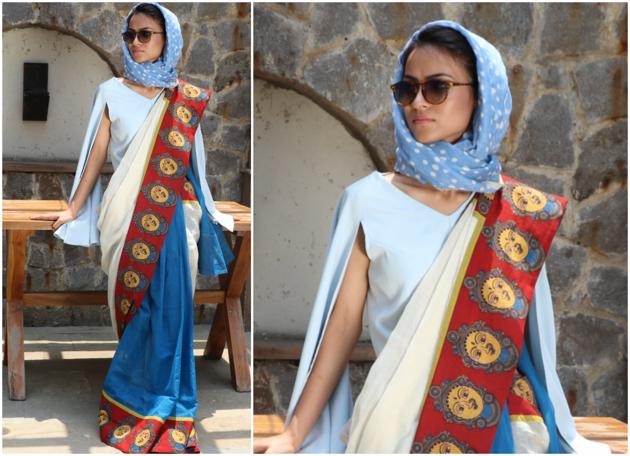 Model Gulpana Anwar Hussain wears a cotton sari with bright Kalamkari motifs. Her powder blue head scarf, slit bell sleeved blouse and retro glasses give her look a cool Audrey Hepburn vibe. (HT Photo/ Shara Ashraf; Styling: shara ashraf ; makeup: Aashmeen Munjaal) Model Gulpana Anwar Hussain wears a cotton sari with bright Kalamkari motifs. Her powder blue head scarf, slit bell sleeved blouse and retro glasses give her look a cool Audrey Hepburn vibe. (HT Photo/ Shara Ashraf; Styling: shara ashraf ; makeup: Aashmeen Munjaal)