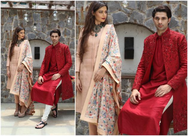 Model Samiksha Singh wears a beige jacket paired with cigarette pants, an embroidered dupatta and an elaborate necklace with dainty Ganeshas. Model Amit Dahiya wears a sleek red kurta teamed with off-white churidaar and a wine red sherwani. (HT Photo/ Shara Ashraf and Akshay Kaushal) Model Samiksha Singh wears a beige jacket paired with cigarette pants, an embroidered dupatta and an elaborate necklace with dainty Ganeshas. Model Amit Dahiya wears a sleek red kurta teamed with off-white churidaar and a wine red sherwani. (HT Photo/ Shara Ashraf and Akshay Kaushal)