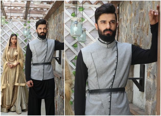 Model Aarav Ahuja’s draped kurta is teamed with flared pants and a belted Nehru jacket. Model Devika Das’s wears a gold-beige skirt and kurti by Reynu Taandon. (HT Photo/ Shara Ashraf; Styling: Akshay Kaushal and Shara Ashraf ) Model Aarav Ahuja’s draped kurta is teamed with flared pants and a belted Nehru jacket. Model Devika Das’s wears a gold-beige skirt and kurti by Reynu Taandon. (HT Photo/ Shara Ashraf; Styling: Akshay Kaushal and Shara Ashraf )