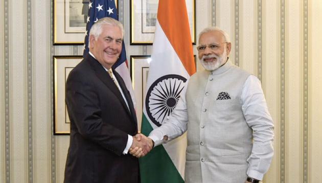 In this photograph released by the Indian Press Information Bureau on June 26, 2017, US Secretary of State Rex W. Tillerson shakes hands with Indian Prime Minister Narendra Modi in Washington DC.(AFP) In this photograph released by the Indian Press Information Bureau on June 26, 2017, US Secretary of State Rex W. Tillerson shakes hands with Indian Prime Minister Narendra Modi in Washington DC.(AFP)