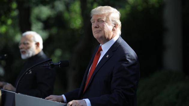 US President Donald Trump (R) holds a joint news conference with Indian Prime Minister Narendra Modi in the Rose Garden of the White House in Washington.(REUTERS)