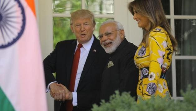 US President Donald Trump (L) and first lady Melania Trump welcome Indian Prime Minister Narendra Modi to the White House in Washington.(Reuters) US President Donald Trump (L) and first lady Melania Trump welcome Indian Prime Minister Narendra Modi to the White House in Washington.(Reuters)