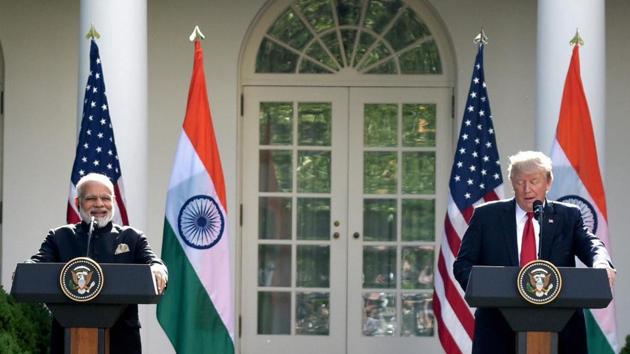 Prime Minister Narendra Modi (L) and President of United States Donald Trump at the White House in Washington DC on Tuesday.(PTI Photo) Prime Minister Narendra Modi (L) and President of United States Donald Trump at the White House in Washington DC on Tuesday.(PTI Photo)