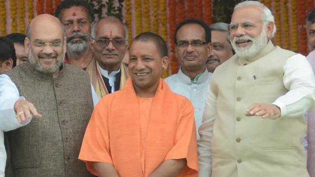 Yogi Adityanath sworn in as Uttar Pradesh chief minister at in Lucknow, on March 19, 2017 with Prime Minister Narendra Modi and BJP chief Amit Shah present on the occasion. (HT File Photo) Yogi Adityanath sworn in as Uttar Pradesh chief minister at in Lucknow, on March 19, 2017 with Prime Minister Narendra Modi and BJP chief Amit Shah present on the occasion. (HT File Photo)