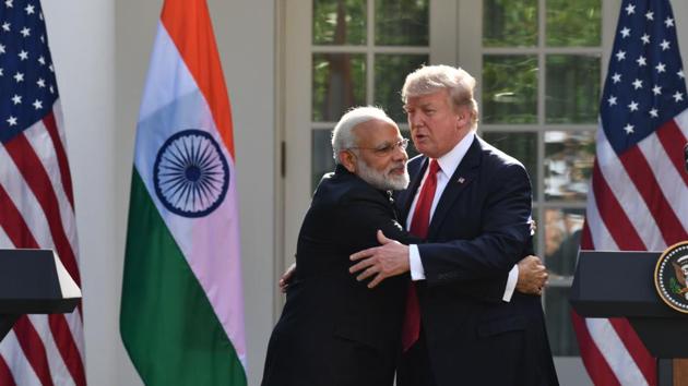 US President Donald Trump and Indian Prime Minister Narendra Modi embrace during a joint press conference in the Rose Garden at the White House in Washington, DC.(AFP) US President Donald Trump and Indian Prime Minister Narendra Modi embrace during a joint press conference in the Rose Garden at the White House in Washington, DC.(AFP)