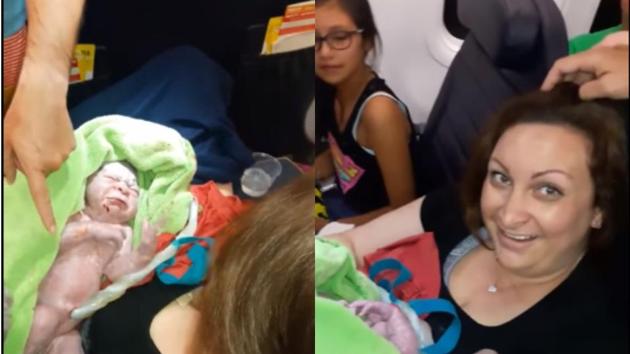 The dramatic delivery on the flight was recorded by a co-passenger at the behest of the mother and now the video has gone viral. (Shelley Hedgecock Starks Facebook Screengrab) The dramatic delivery on the flight was recorded by a co-passenger at the behest of the mother and now the video has gone viral. (Shelley Hedgecock Starks Facebook Screengrab)