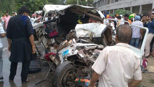 The accident took place when a bus collided with a cruiser car on Wednesday. (HT Photo) The accident took place when a bus collided with a cruiser car on Wednesday. (HT Photo)