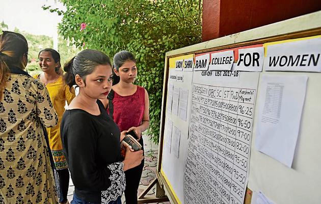 The first list was announced on June 23 and admissions began on June 24. This is the first time in many years that the colleges lowered cutoffs over previous years in almost all courses. (Sushil Kumar/HT PHOTO) The first list was announced on June 23 and admissions began on June 24. This is the first time in many years that the colleges lowered cutoffs over previous years in almost all courses. (Sushil Kumar/HT PHOTO)