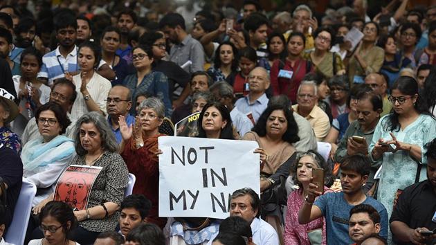 Citizens and celebrities joined hands in support of the campaign 'Not in My Name' at Jantar Mantar in New Delhi on Wednesday. (Raj K Raj/HT PHOTO) Citizens and celebrities joined hands in support of the campaign 'Not in My Name' at Jantar Mantar in New Delhi on Wednesday. (Raj K Raj/HT PHOTO)