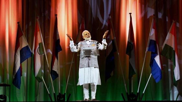 Prime Minister Narendra Modi addresses members of the Indian community at the Hague, Netherlands, on Tuesday. (PTI photo) Prime Minister Narendra Modi addresses members of the Indian community at the Hague, Netherlands, on Tuesday. (PTI photo)