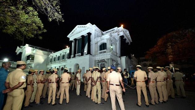 Police personnel guards Tamil Nadu state "secretariat" during a raid at the chamber of chief secretary P Ramamohana Rao last year (PTI File Photo) Police personnel guards Tamil Nadu state "secretariat" during a raid at the chamber of chief secretary P Ramamohana Rao last year (PTI File Photo)