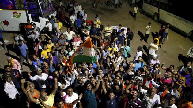 Devotees chant religious slogans as the first batch of pilgrims leave for Amarnath Yatra, an annual pilgrimage to the Amarnath shrine, from Jammu on Wednesday. (Nitin Kanotra / HT Photo) Devotees chant religious slogans as the first batch of pilgrims leave for Amarnath Yatra, an annual pilgrimage to the Amarnath shrine, from Jammu on Wednesday. (Nitin Kanotra / HT Photo)