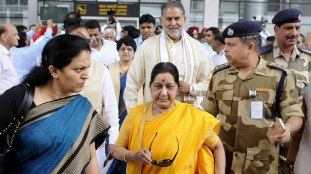 External affairs minister Sushma Swaraj at Chandigarh International Airport on Thursday. (Keshav Singh/HT Photo) External affairs minister Sushma Swaraj at Chandigarh International Airport on Thursday. (Keshav Singh/HT Photo)