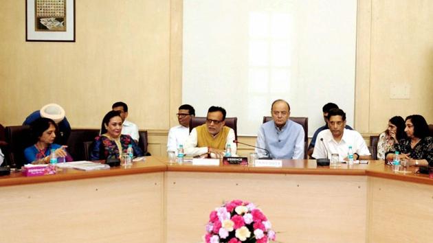 Finance minister Arun Jaitley interacts with trade representatives on GST, in New Delhi on Thursday.(PTI Photo)