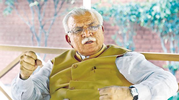 Haryana chief minister Manohar Lal Khattar, who completes his three years in power in October, speaking to HT at his official residence in Chandigarh on Tuesday.(Sanjeev Sharma/HT Photo)
