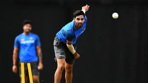 Bhuvneshwar Kumar is pictured during the practice session, as he tasted the pitch conditions with a few deliveries. (AFP)