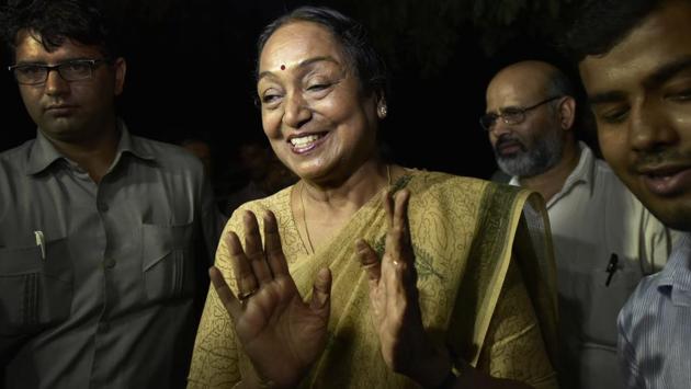 UPA presidential candidate Meira Kumar arrives at her home in New Delhi, the announcement of her candidature on June 22, 2017. (Ravi Choudhary/HT Photo) UPA presidential candidate Meira Kumar arrives at her home in New Delhi, the announcement of her candidature on June 22, 2017. (Ravi Choudhary/HT Photo)