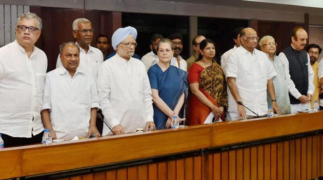 Congress president Sonia Gandhi, former PM Manmohan Singh, NCP chief Sharad Pawar, RJD chief Lalu Prasad and other leaders at a meeting in New Delhi. (PTI) Congress president Sonia Gandhi, former PM Manmohan Singh, NCP chief Sharad Pawar, RJD chief Lalu Prasad and other leaders at a meeting in New Delhi. (PTI)