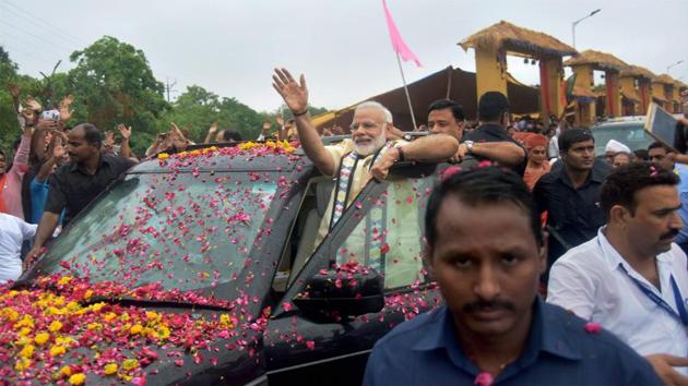 Prime Minister Narendra Modi in Rajkot, Gujarat on Thursday. (PTI) Prime Minister Narendra Modi in Rajkot, Gujarat on Thursday. (PTI)