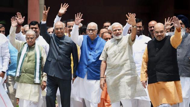 Ram Nath Kovind flanked by Prime Minister Narendra Modi, BJP chief Amit Shah, senior leader LK Advani and other NDA leaders proceeds to file nomination paperson June 23, 2017. (Vijay Verma/PTI) Ram Nath Kovind flanked by Prime Minister Narendra Modi, BJP chief Amit Shah, senior leader LK Advani and other NDA leaders proceeds to file nomination paperson June 23, 2017. (Vijay Verma/PTI)