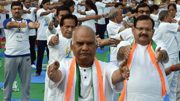 NDA presidential candidate Ram Nath Kovind participated in a yoga session, to mark the International Yoga Day 2017, in New Delhi on June 21, 2017. (Atul Yadav/PTI) NDA presidential candidate Ram Nath Kovind participated in a yoga session, to mark the International Yoga Day 2017, in New Delhi on June 21, 2017. (Atul Yadav/PTI)