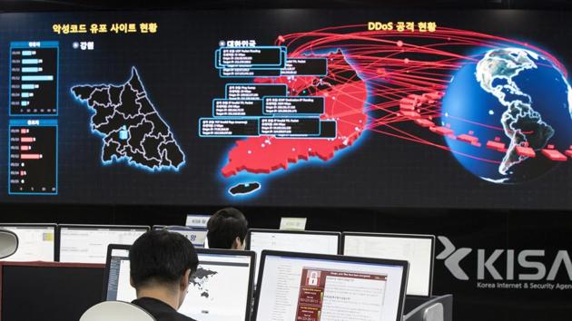 Employees watch electronic boards to monitor possible ransomware cyberattacks at the Korea Internet and Security Agency in Seoul, South Korea (AP) Employees watch electronic boards to monitor possible ransomware cyberattacks at the Korea Internet and Security Agency in Seoul, South Korea (AP)
