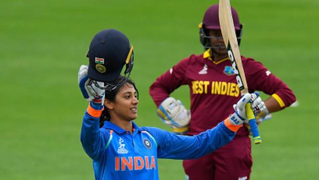 India’s Smriti Mandhana celebrates her century during the ICC Women's World Cup 2017 match against the West Indies at The County Ground in Taunton.(Getty Images)