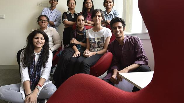 Some of HT’s Campus Journalists are waiting for Delhi University’s second cut-offs to wait for a college or programme of their choice. From left (sitting) Ramsha Khan, Shivam Jha, (second row, left) Malvika Singh, Sabika Syed, Sehba Mohit, (standing) Sagar Dawar, Khuisangmi Konghay, Remya Nair and Vrinda Saxena(Raj K Raj/HT PHOTO)