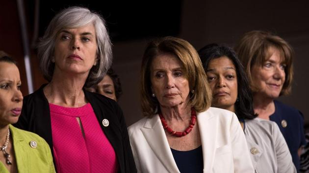 Rep. Nydia Velazquez (D-NY), Rep. Katherine Clark (D-CT), Minority Leader Nancy Pelosi (D-CA), Rep. Pramila Jayapal (D-WA) and Rep. Susan Davis (D-CA) look on during a press conference condemning President Donald Trump's controversial tweets, on Capitol Hill, June 29, 2017 in Washington, DC. President Trump has faced bipartisan backlash after tweeting disparaging remarks toward television host Mika Brzezinski. (AFP Photo) Rep. Nydia Velazquez (D-NY), Rep. Katherine Clark (D-CT), Minority Leader Nancy Pelosi (D-CA), Rep. Pramila Jayapal (D-WA) and Rep. Susan Davis (D-CA) look on during a press conference condemning President Donald Trump's controversial tweets, on Capitol Hill, June 29, 2017 in Washington, DC. President Trump has faced bipartisan backlash after tweeting disparaging remarks toward television host Mika Brzezinski. (AFP Photo)