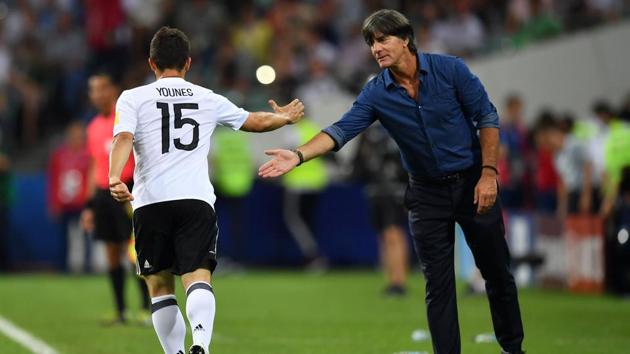 Germany's midfielder Amin Younes celebrates with Germany's coach Joachim Loew after scoring during the 2017 Confederations Cup semi-final against Mexico. (AFP) Germany's midfielder Amin Younes celebrates with Germany's coach Joachim Loew after scoring during the 2017 Confederations Cup semi-final against Mexico. (AFP)