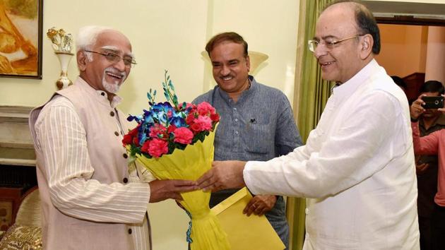 Finance minister Arun Jaitley and parliamentary affairs minister Ananth Kumar greet Vice President Hamid Ansari in New Delhi. (PTI FILE PHOTO) Finance minister Arun Jaitley and parliamentary affairs minister Ananth Kumar greet Vice President Hamid Ansari in New Delhi. (PTI FILE PHOTO)