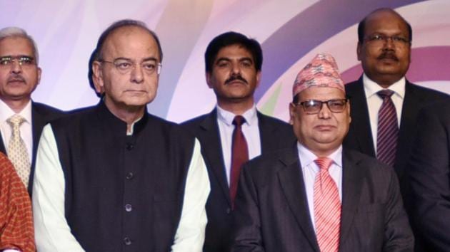 Finance minister Arun Jaitley with deputy prime minister of Nepal, Krishna Bahadur Mahara at the South Asia Sub regional Economic Cooperation meet in New Delhi.(Sonu Mehta/HT FILE PHOTO) Finance minister Arun Jaitley with deputy prime minister of Nepal, Krishna Bahadur Mahara at the South Asia Sub regional Economic Cooperation meet in New Delhi.(Sonu Mehta/HT FILE PHOTO)