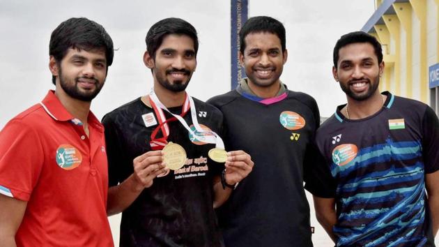 Sai Praneeth (from left), Kidambi Srikanth, Pullela Gopichand and HS prannoy have taken Indian badminton to another level.(AP)