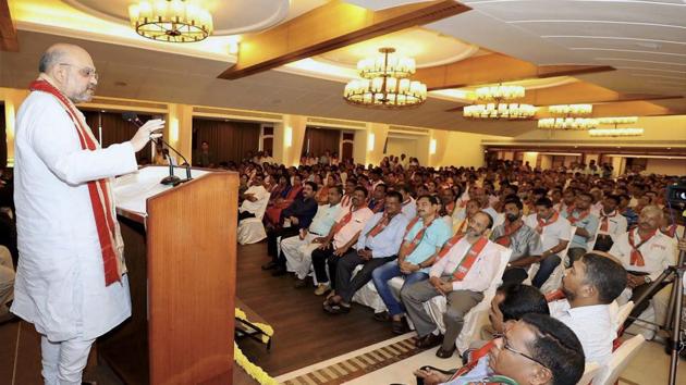 BJP national president Amit Shah addressing meeting of elected representatives of local bodies in Goa on Saturday.(PTI Photo)