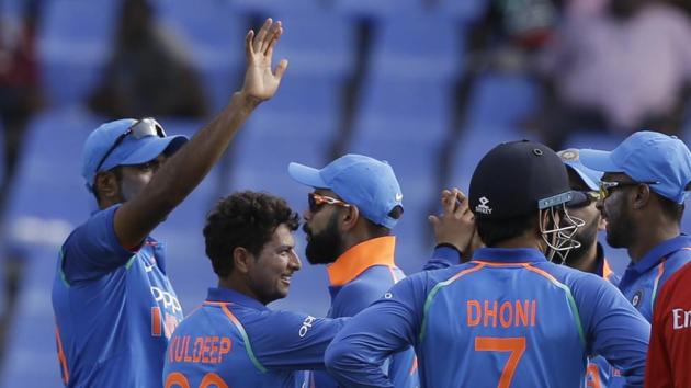 Kuldeep Yadav and Ravichandran Ashwin picked up three wickets each as India beat West Indies by 93 runs to take 2-0 lead in series. Get highlights of India vs West Indies 3rd ODI here.(AP)