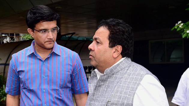 Sourav Ganguly and Rajeev Shukla after attending the BCCI Special General Meeting (SGM).(PTI)