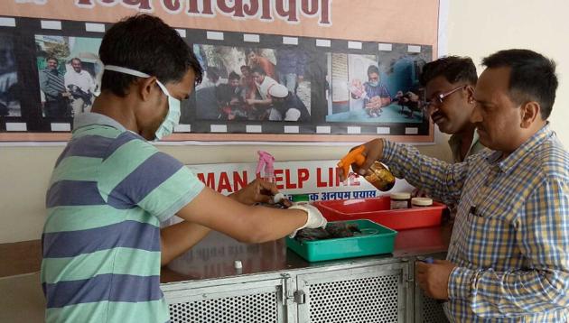 Members of Human Helpline, treat injured birds in Kota on Saturday. (AH Zaidi/HT Photo.) Members of Human Helpline, treat injured birds in Kota on Saturday. (AH Zaidi/HT Photo.)