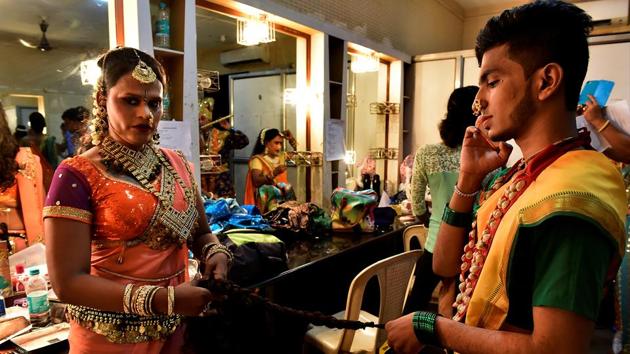 Dancers get ready in the green room. The Dancing Queens use dance as a medium to highlight the struggles of the transgender community.  (Anshuman Poyrekar/HT Photo) 