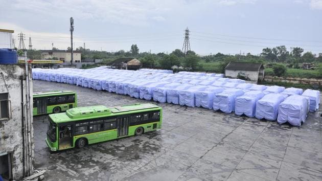 Old buses are being covered with waterproof materials like plastic and Rexine so that rainwater doesn’t collect inside them (Arun Sharma/HT PHOTO) Old buses are being covered with waterproof materials like plastic and Rexine so that rainwater doesn’t collect inside them (Arun Sharma/HT PHOTO)