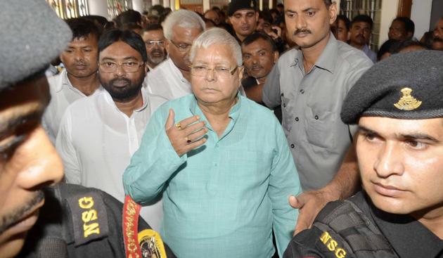 RJD President Lalu Prasad coming out of court after appearing before a special CBI court in Ranchi(Parwaz Khan/ HT Photo)