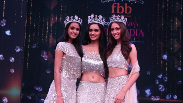 54th Femina Miss India World 2017 winner Manushi Chhillar (C), first runner-up Sana Dua (R) and the second runner-up Priyanka Kumari (L) during the fbb femina Miss India 2017 in Mumbai. (IANS)