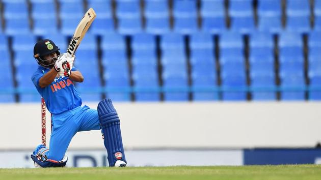 Kedar Jadhav, 40* off 26 balls, gave Dhoni able support as India scored 251/4 in 50 overs. (AFP) Kedar Jadhav, 40* off 26 balls, gave Dhoni able support as India scored 251/4 in 50 overs. (AFP)